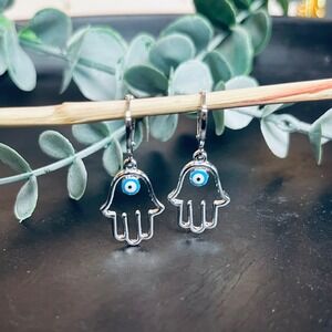 Hamsa Evil Eye Protection Earrings | Huggie Hoops 14k White Gold Plated Mystical